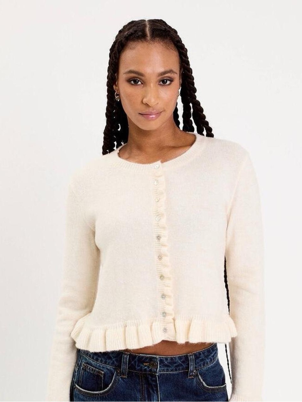 NWT Caroline Constas Cream Cashmere/Wool Blend Ruffle Trim Cropped Cardigan SZ S